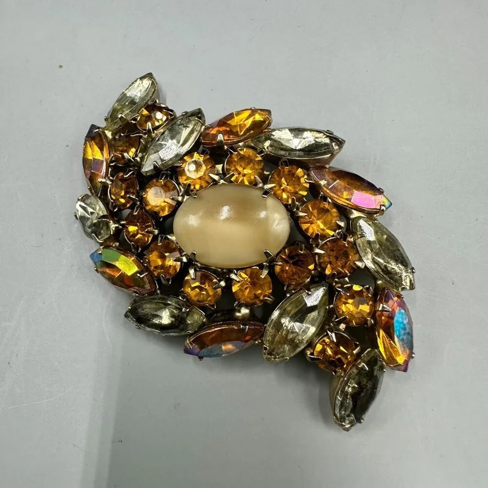Vintage Amber Color Rhinestone Brooch Silver Tone Navette Aurora Borealis